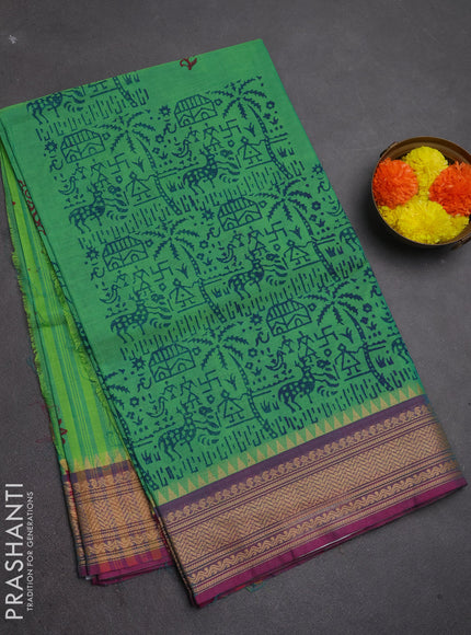 Chettinad cotton saree light green and pink with allover warli prints and thread woven border