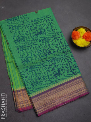 Chettinad cotton saree light green and pink with allover warli prints and thread woven border
