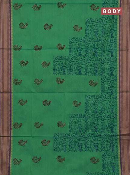Chettinad cotton saree light green and pink with allover warli prints and thread woven border