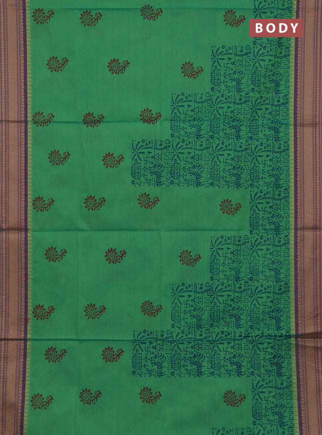 Chettinad cotton saree light green and pink with allover warli prints and thread woven border
