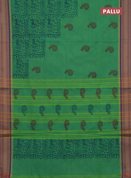Chettinad cotton saree light green and pink with allover warli prints and thread woven border