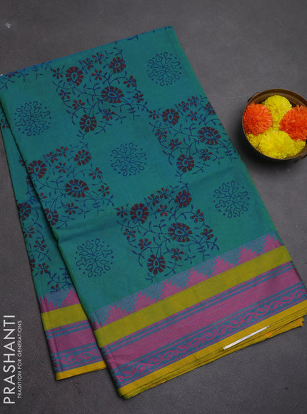 Chettinad cotton saree dual shade of blue and mustard yellow with allover butta prints and thread woven border