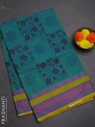 Chettinad cotton saree dual shade of blue and mustard yellow with allover butta prints and thread woven border