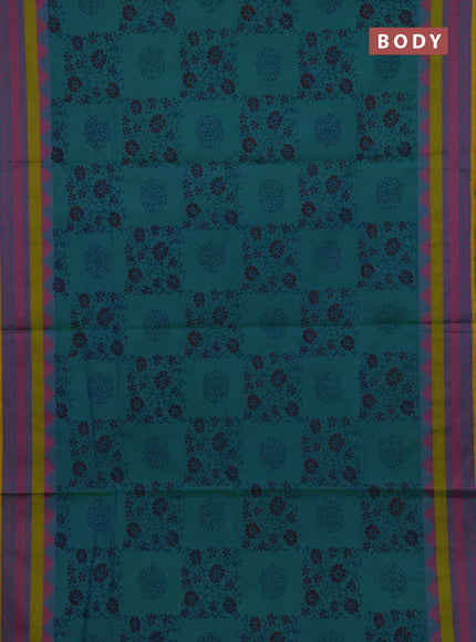 Chettinad cotton saree dual shade of blue and mustard yellow with allover butta prints and thread woven border