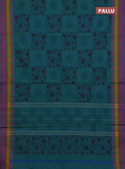 Chettinad cotton saree dual shade of blue and mustard yellow with allover butta prints and thread woven border