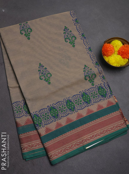 Chettinad cotton saree grey and teal green with allover butta prints and thread woven border
