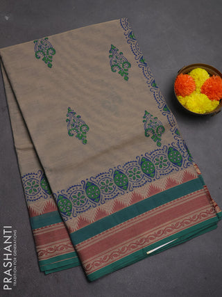 Chettinad cotton saree grey and teal green with allover butta prints and thread woven border