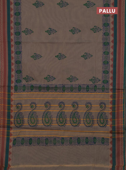 Chettinad cotton saree grey and teal green with allover butta prints and thread woven border