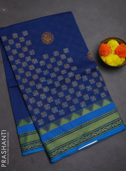 Chettinad cotton saree teal blue and cs blue with allover butta prints and thread woven border