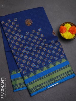 Chettinad cotton saree teal blue and cs blue with allover butta prints and thread woven border