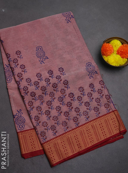 Chettinad cotton saree pastel maroon and maroon with allover prints and thread woven border