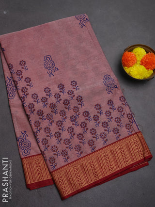 Chettinad cotton saree pastel maroon and maroon with allover prints and thread woven border