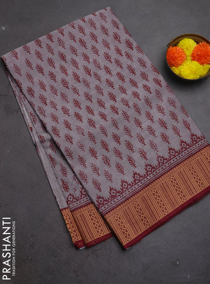 Chettinad cotton saree grey and maroon with allover prints and thread woven border