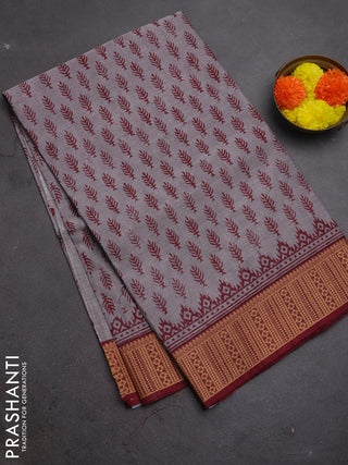 Chettinad cotton saree grey and maroon with allover prints and thread woven border