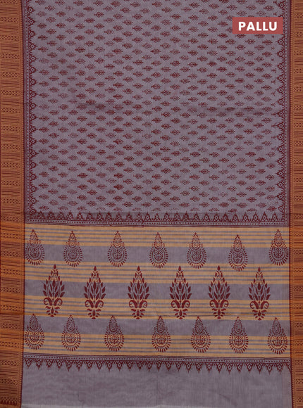 Chettinad cotton saree grey and maroon with allover prints and thread woven border