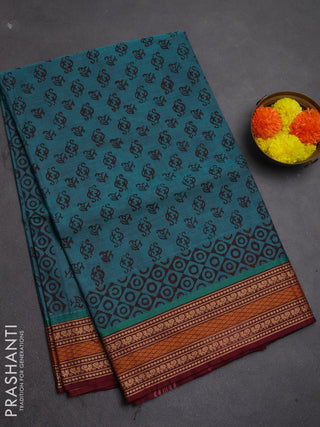 Chettinad cotton saree teal green and deep maroon with allover prints and thread woven border