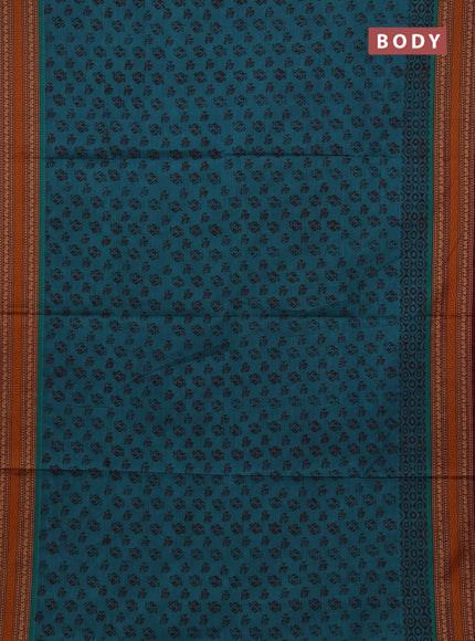 Chettinad cotton saree teal green and deep maroon with allover prints and thread woven border