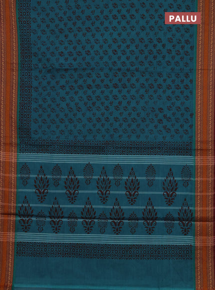 Chettinad cotton saree teal green and deep maroon with allover prints and thread woven border