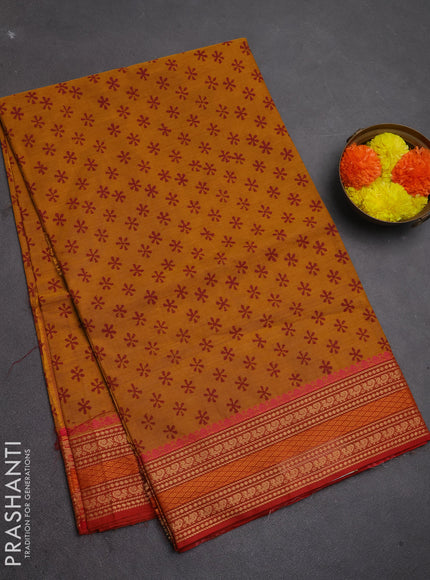 Chettinad cotton saree mustard yellow and orange with allover butta prints and thread woven border