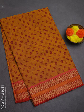 Chettinad cotton saree mustard yellow and orange with allover butta prints and thread woven border