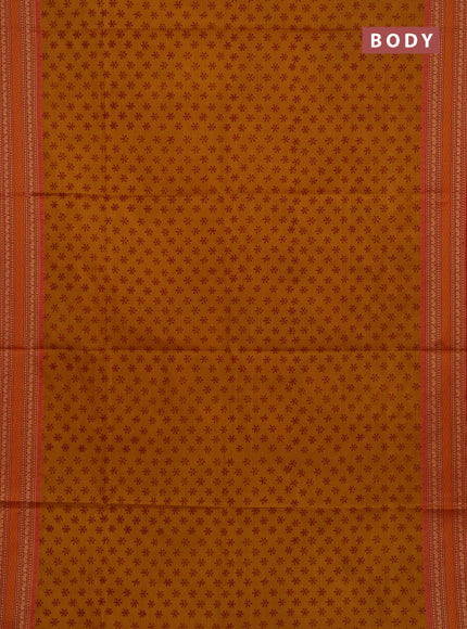 Chettinad cotton saree mustard yellow and orange with allover butta prints and thread woven border