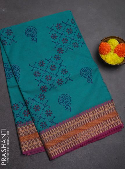 Chettinad cotton saree teal green and pink with allover butta prints and thread woven border