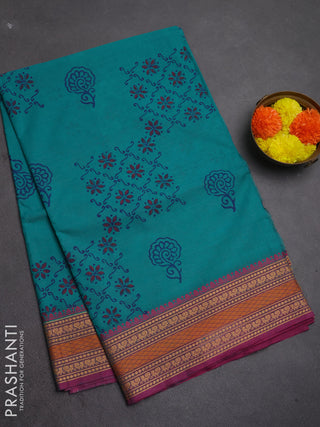 Chettinad cotton saree teal green and pink with allover butta prints and thread woven border