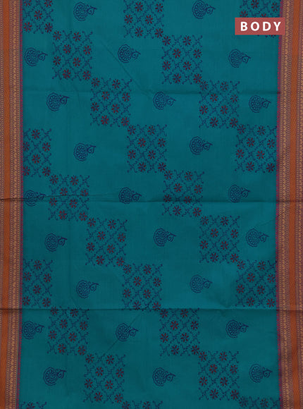 Chettinad cotton saree teal green and pink with allover butta prints and thread woven border