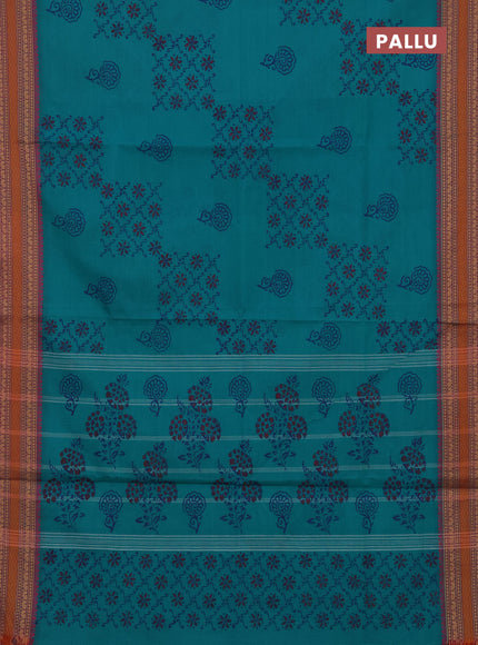 Chettinad cotton saree teal green and pink with allover butta prints and thread woven border