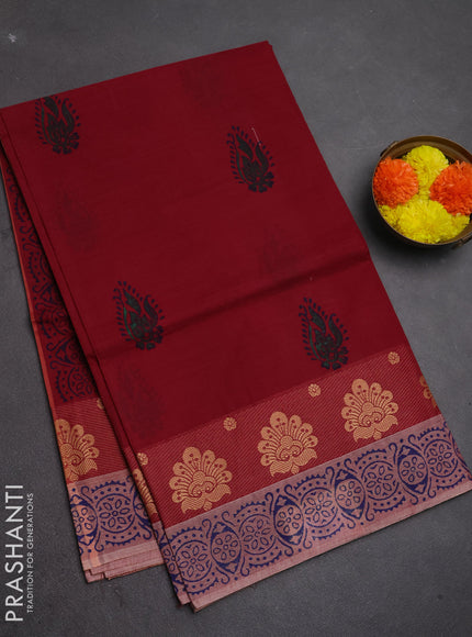 Chettinad cotton saree deep maroon with butta prints and thread woven border