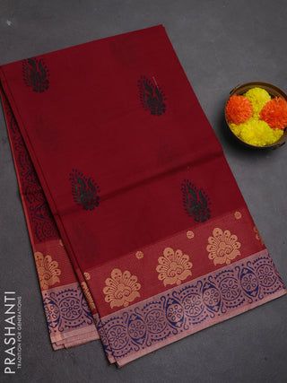 Chettinad cotton saree deep maroon with butta prints and thread woven border