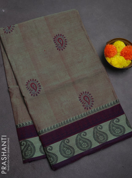 Chettinad cotton saree dual shade of green and deep wine shade with butta prints and thread woven border