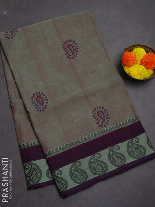 Chettinad cotton saree dual shade of green and deep wine shade with butta prints and thread woven border