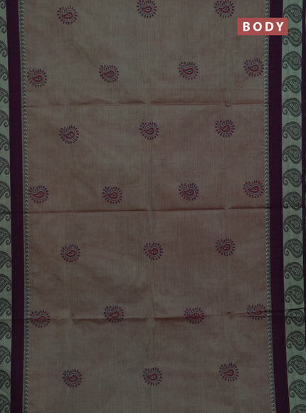 Chettinad cotton saree dual shade of green and deep wine shade with butta prints and thread woven border
