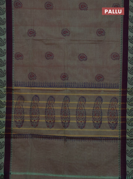 Chettinad cotton saree dual shade of green and deep wine shade with butta prints and thread woven border