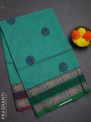Chettinad cotton saree teal green with butta prints and ganga jamuna border