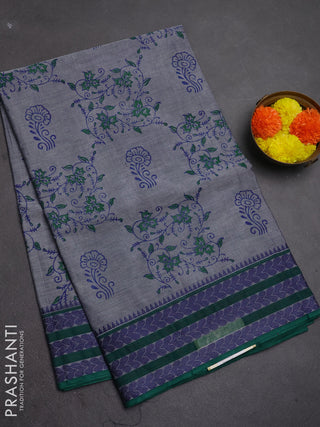 Chettinad cotton saree grey and green with allover prints and thread woven border