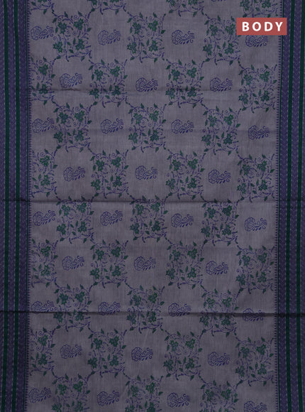 Chettinad cotton saree grey and green with allover prints and thread woven border