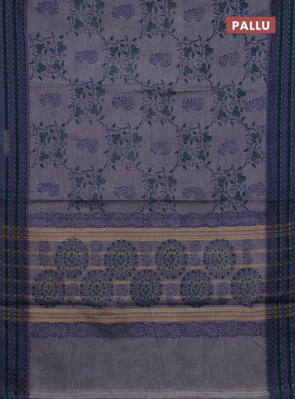 Chettinad cotton saree grey and green with allover prints and thread woven border