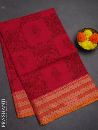Chettinad cotton saree pink and sunset orange with allover prints and thread woven border