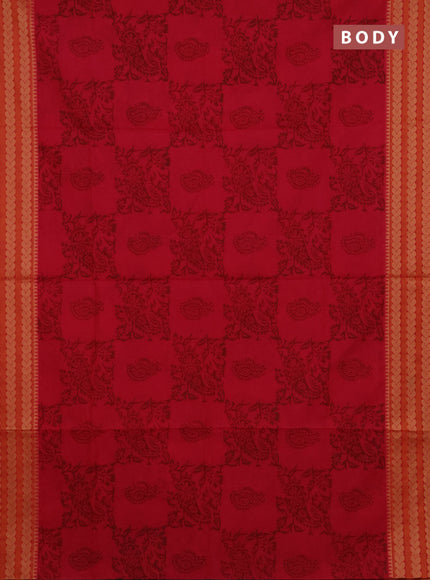 Chettinad cotton saree pink and sunset orange with allover prints and thread woven border