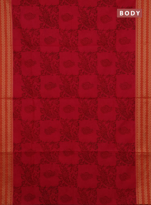 Chettinad cotton saree pink and sunset orange with allover prints and thread woven border