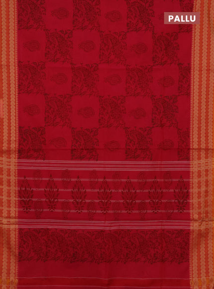 Chettinad cotton saree pink and sunset orange with allover prints and thread woven border