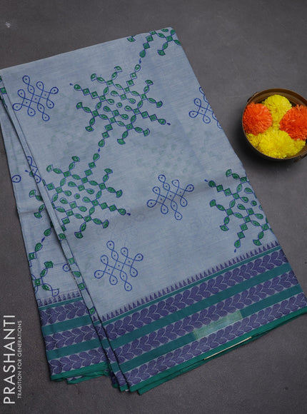 Chettinad cotton saree grey and green with allover prints and thread woven border