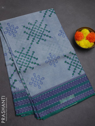 Chettinad cotton saree grey and green with allover prints and thread woven border