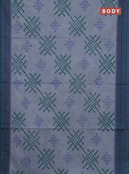 Chettinad cotton saree grey and green with allover prints and thread woven border