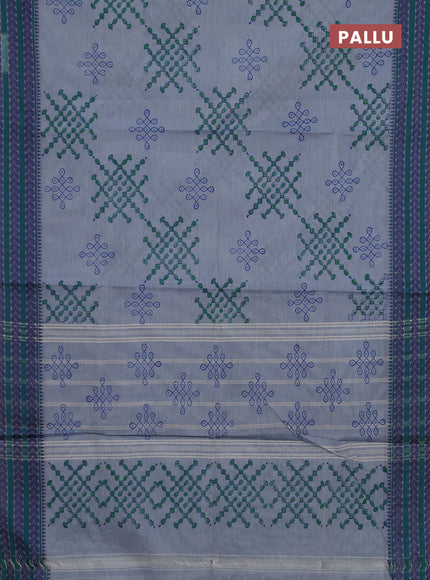 Chettinad cotton saree grey and green with allover prints and thread woven border