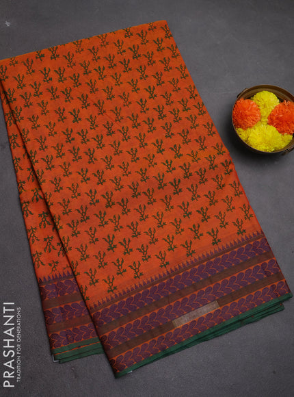 Chettinad cotton saree orange and green with allover prints and thread woven border