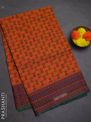 Chettinad cotton saree orange and green with allover prints and thread woven border