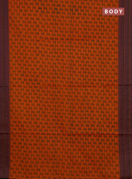 Chettinad cotton saree orange and green with allover prints and thread woven border